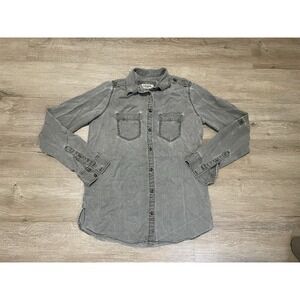 Express Shirt Womens Sz XS Button Up Boyfriend Gray Chambray Lyocell Denim